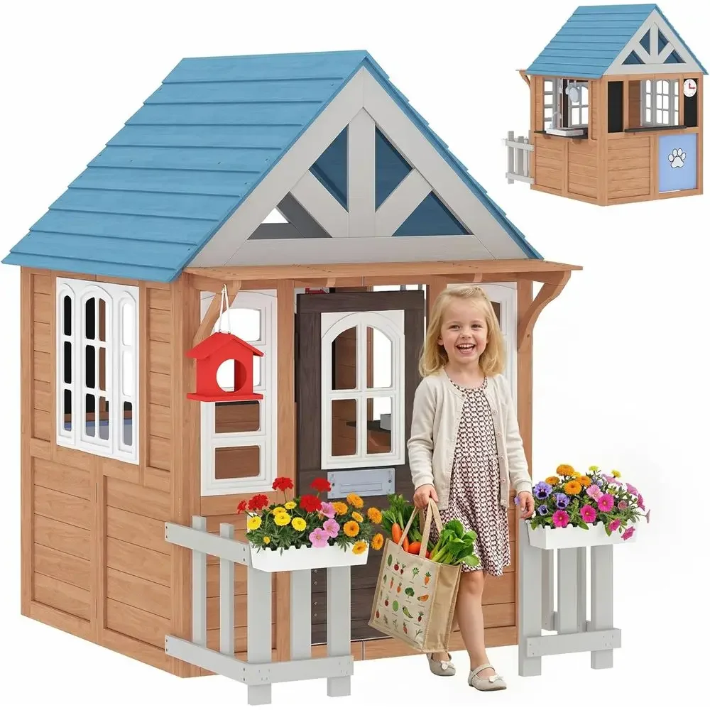 Qaba Kids Outdoor Playhouse - Qaba Outdoor-Spielhaus mit Haustiertür, Holz-Spielhaus für