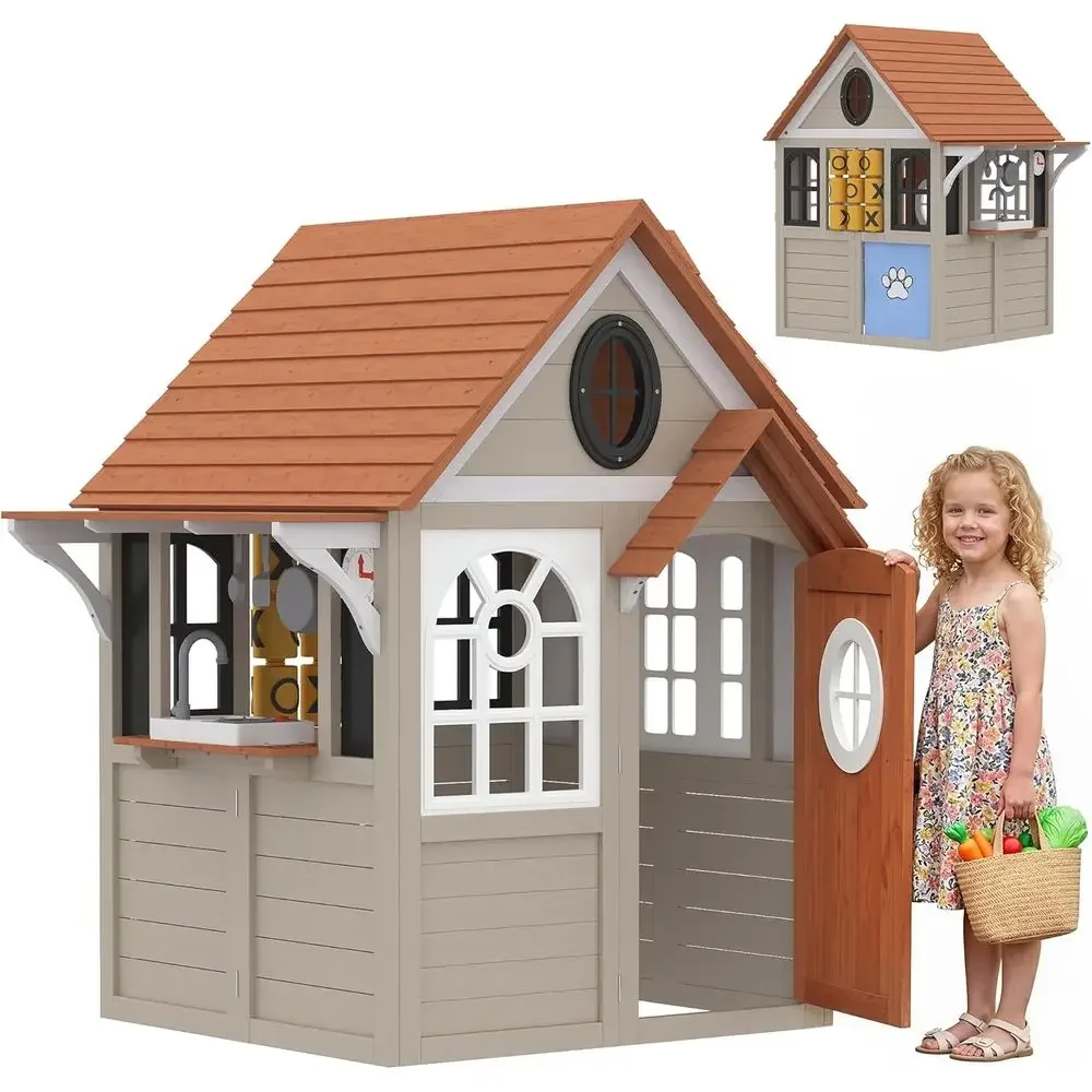 Qaba Kids Outdoor Playhouse - Qaba Outdoor-Spielhaus, Holz-Kinderhaus mit Hundetür, Kinderhütte