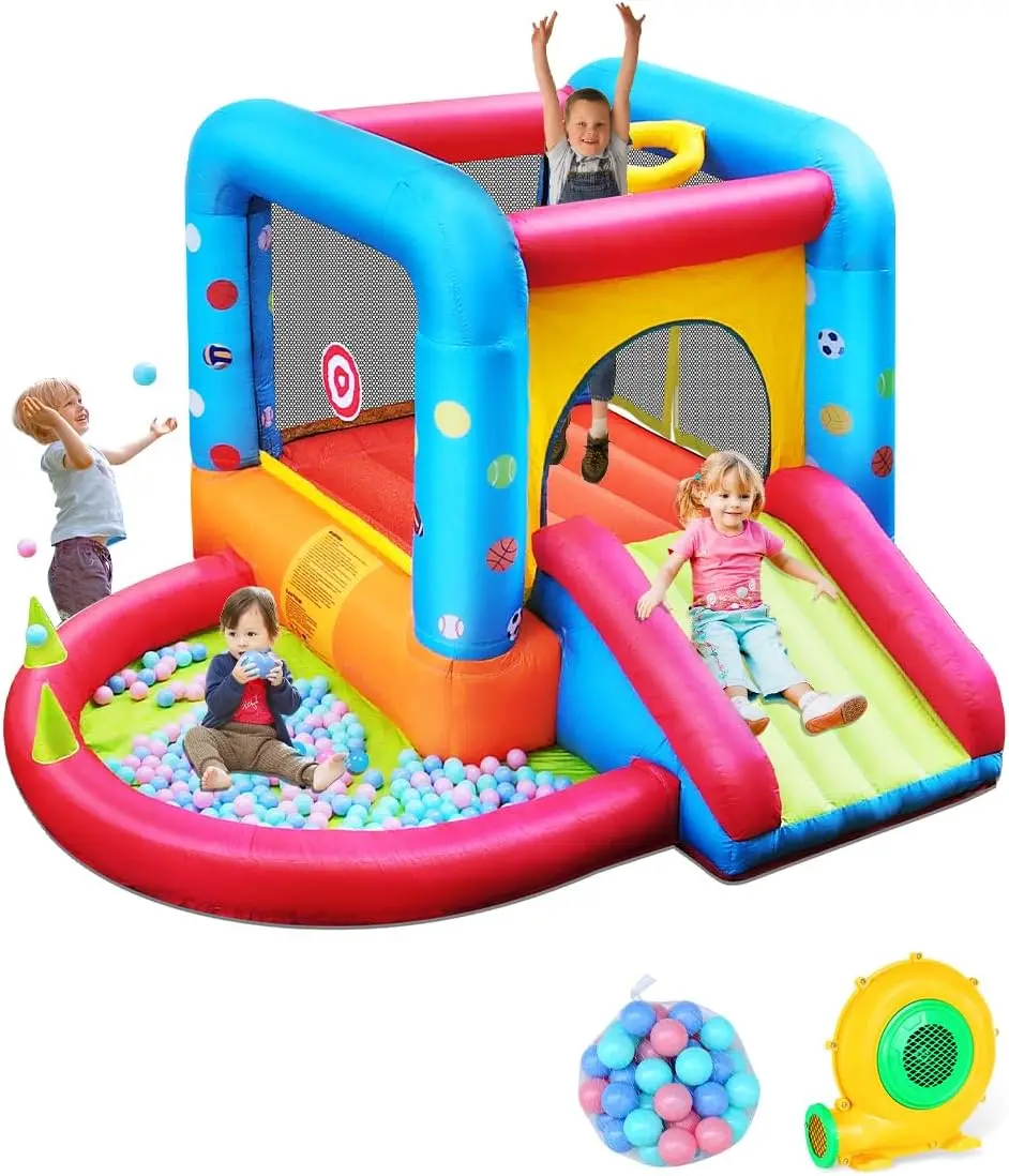 Kids Outdoor House - Step4Fun Aufblasbares Hüpfhaus, Kinderburg-Rutsche für Kinder