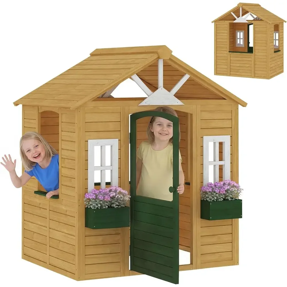 Qaba Kids Outdoor Playhouse - Qaba Outdoor-Spielhaus, Holzspielhaus für Kinder mit