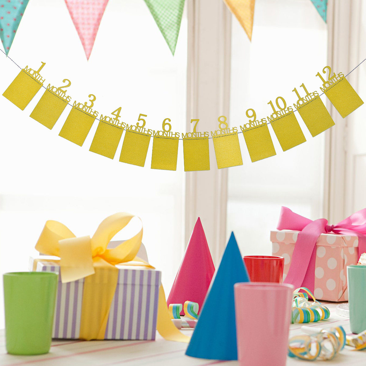 Kids Outdoor Decor - 12-Monats-Gold-Baby-Geburtstags-Fotowand-Banner, handgemachte Dekoration für Indoor- und